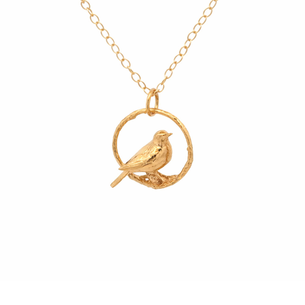 Blackbird Jewellery 18ct gold vermeil blackbird necklace with bird in hoop pendant on white background