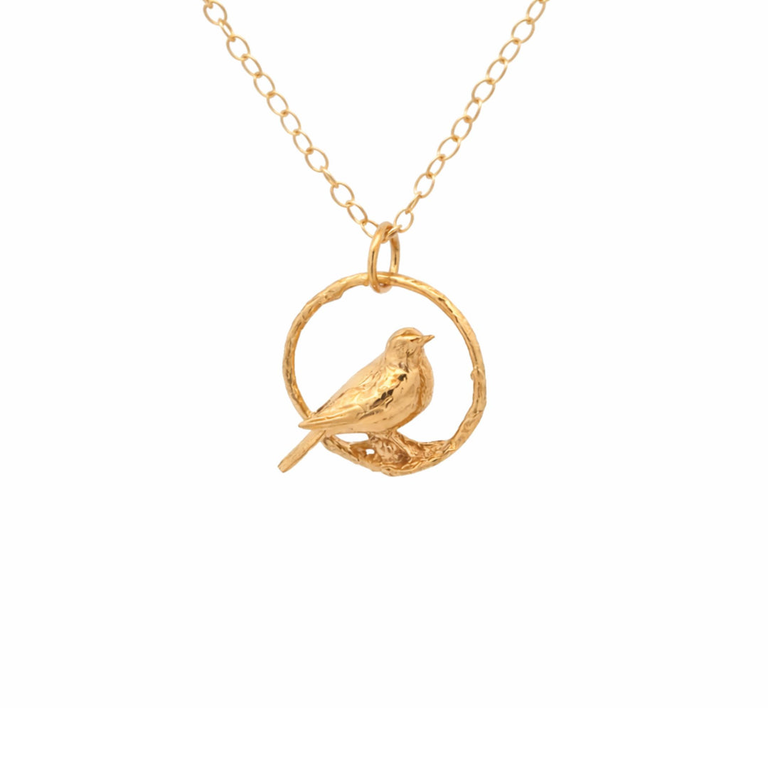 Blackbird Jewellery 18ct gold vermeil blackbird necklace with bird in hoop pendant on white background