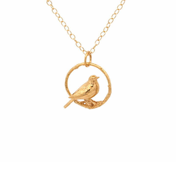 Blackbird Jewellery 18ct gold vermeil blackbird necklace with bird in hoop pendant on white background