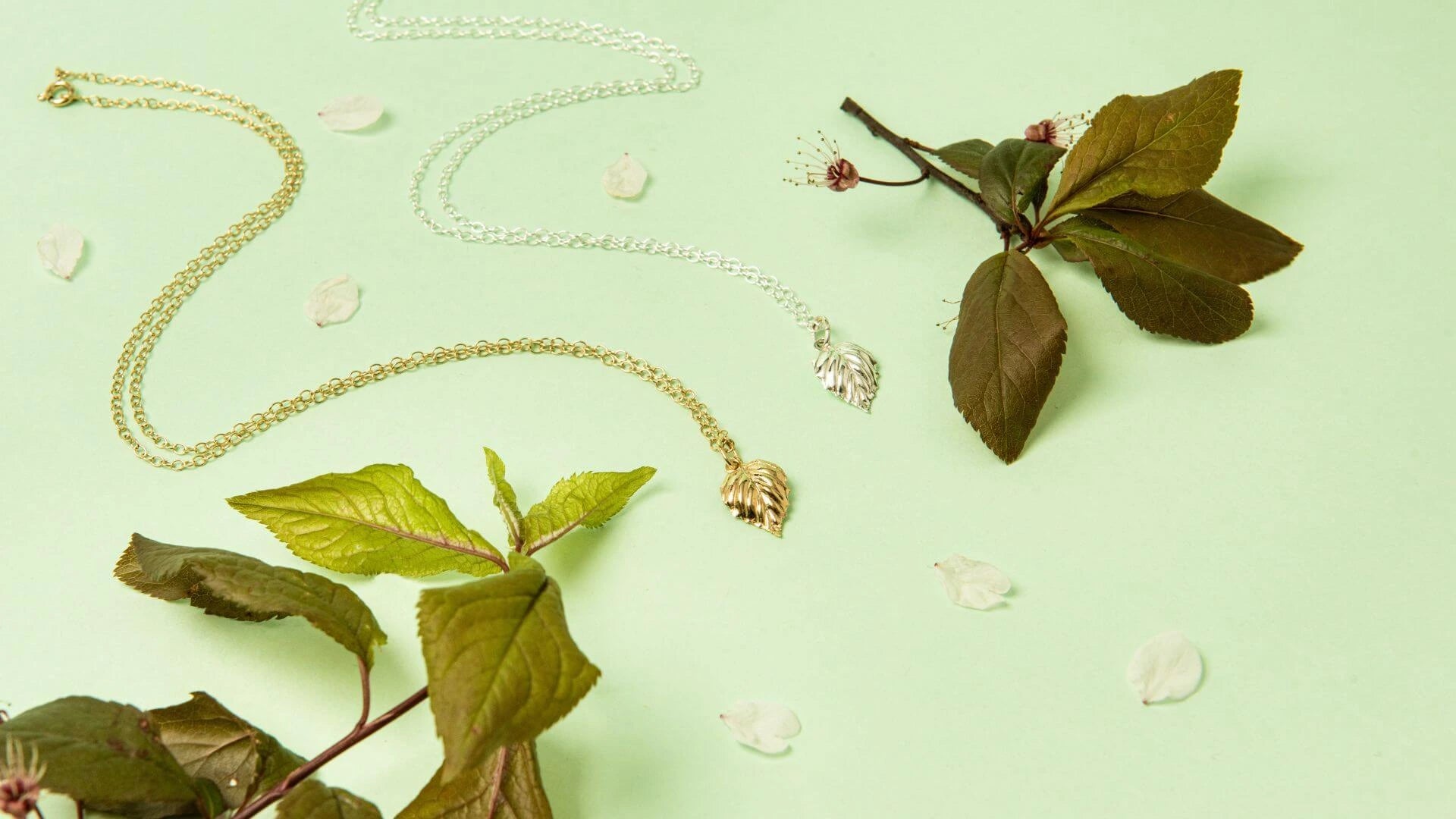 Blackbird Jewellery Birchleaf Necklace in sterling silver and gold vermeil styled with green leaves — handmade woodland-inspired jewellery.