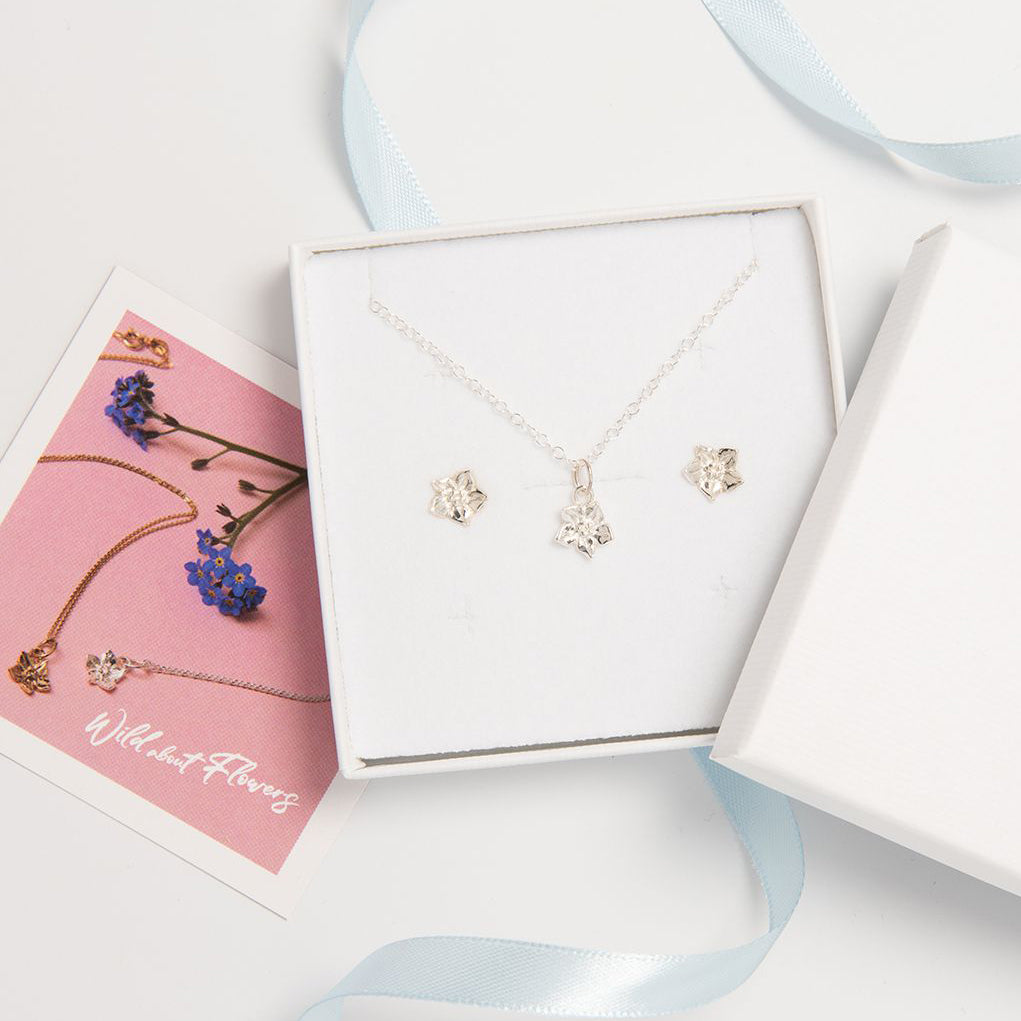 Blackbird Jewellery Sterling Silver Forget Me Not Necklace & Earrings Gift Set – Handmade September Birth Flower Jewellery