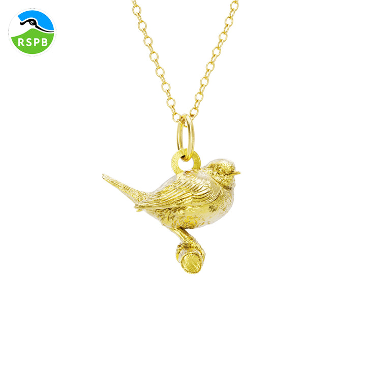 Blackbird Jewellery gold vermeil robin necklace featuring a 3D robin pendant, displayed on a white background.