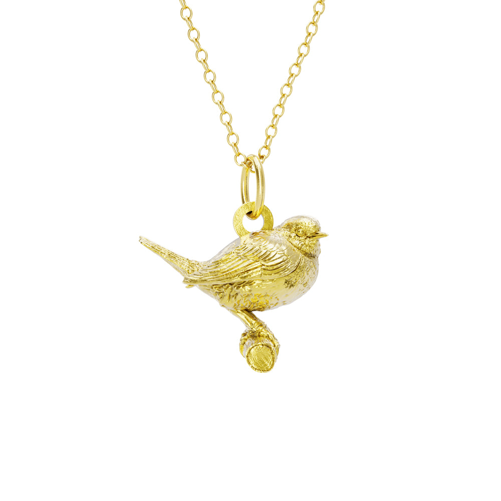 Blackbird Jewellery Gold vermeil Robin bird pendant on a chain against a white background