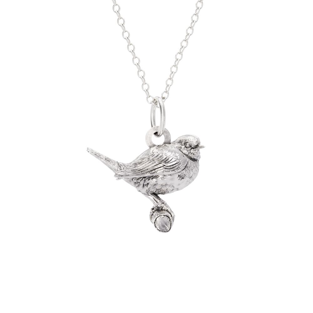 Blackbird Jewellery Sterling Silver Robin bird pendant necklace on a white background
