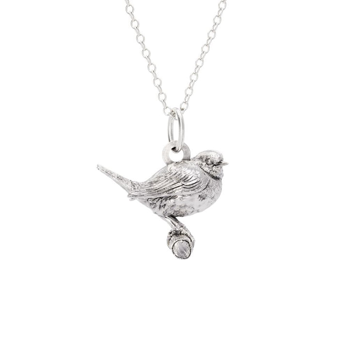 Blackbird Jewellery Sterling Silver Robin bird pendant necklace on a white background