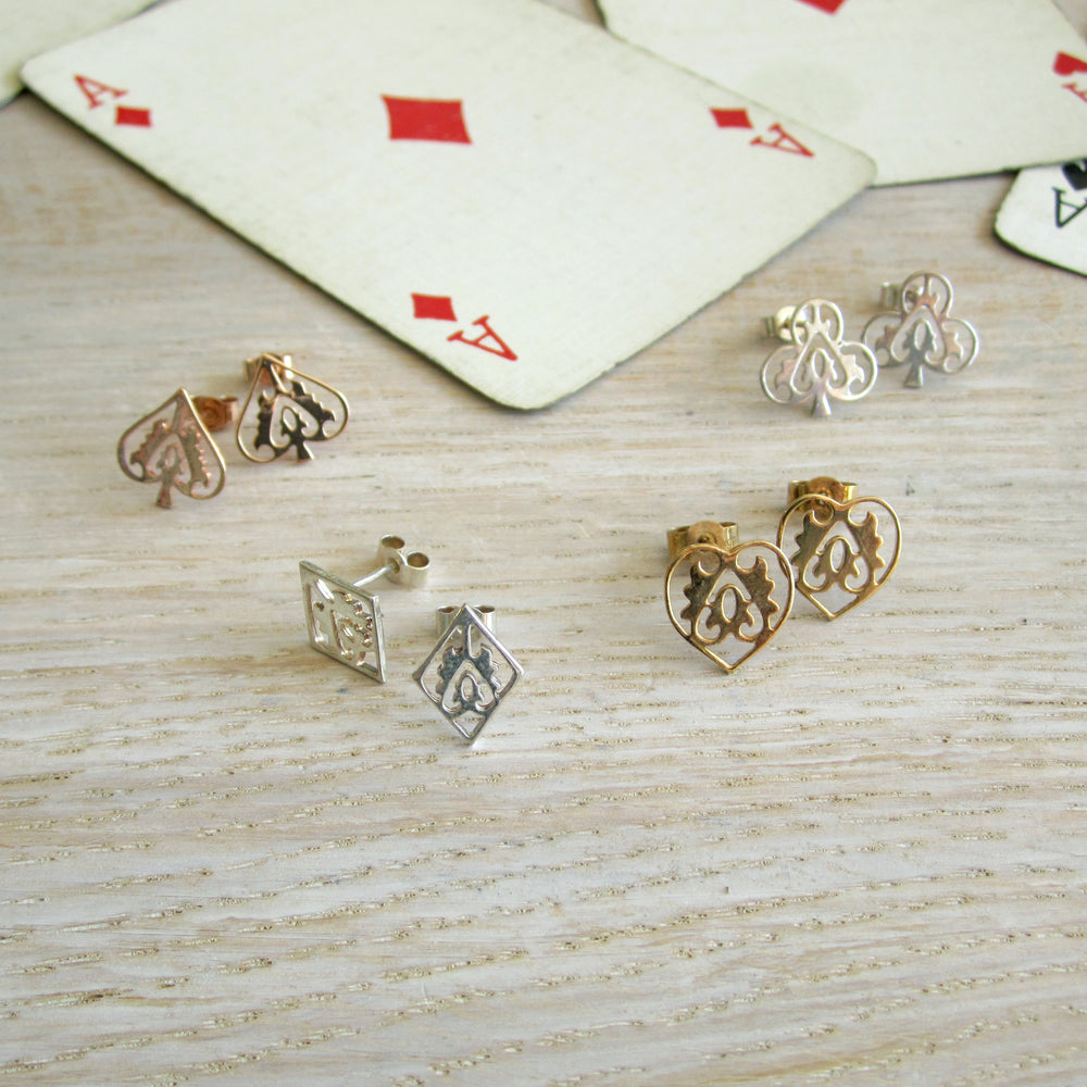Blackbird Jewellery Sterling Silver Ace Collection of stud earrings, handmade in the UK and presented as a romantic gift for Valentine’s Day or birthdays