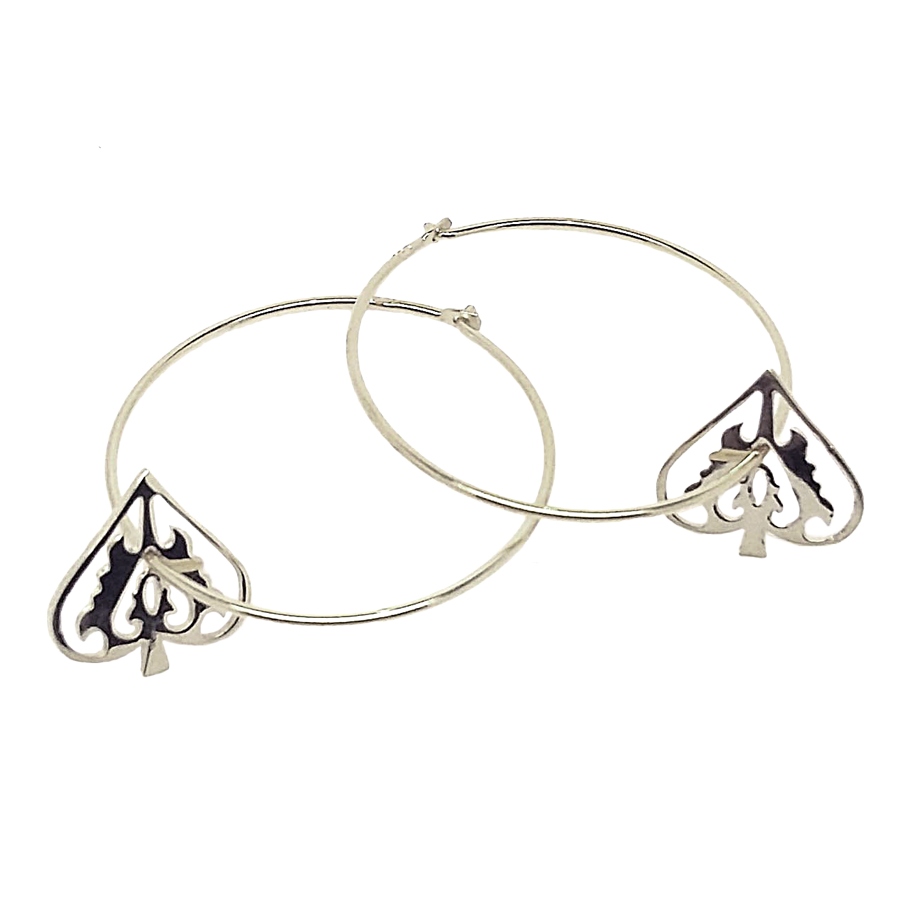 Sterling silver ace of spades hoop earrings handmade by Blackbird Jewellery, symbolic silver hoop jewellery gift