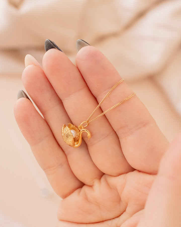 Blackbird Jewellery Gold necklace with a pendant held in a hand against a soft background
