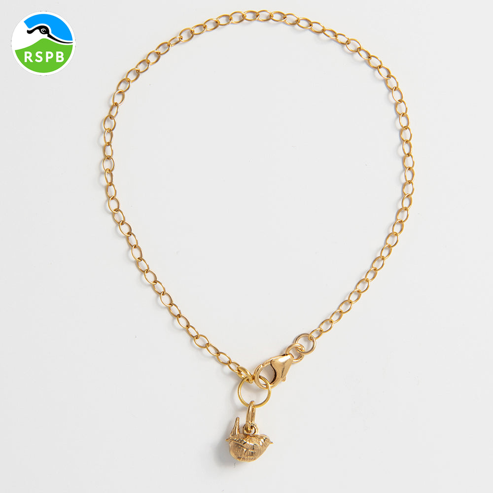 Blackbird Jewellery 18ct Gold Vermeil Wren Charm Bracelet – Handmade bird jewellery gift for nature lovers.