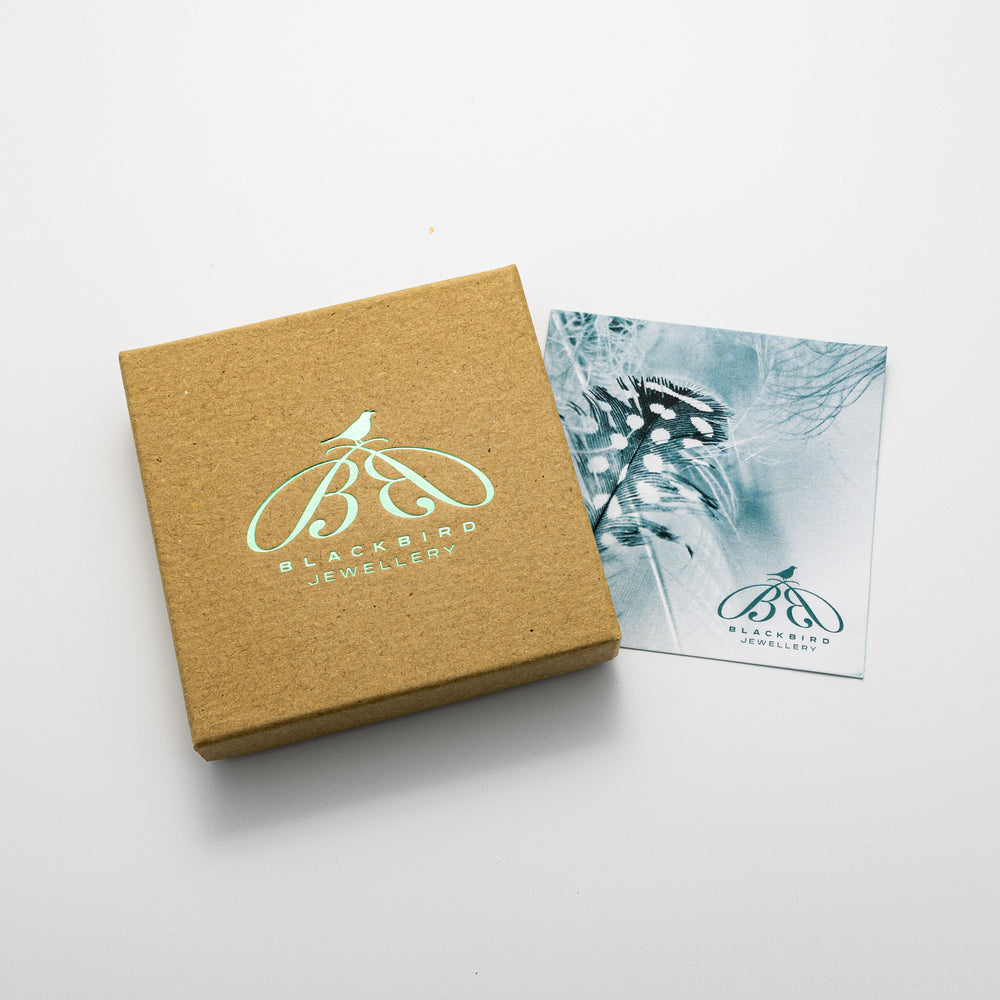 Blackbird Jewellery branded gift box with illustrated backing card – sustainable packaging for handmade jewellery