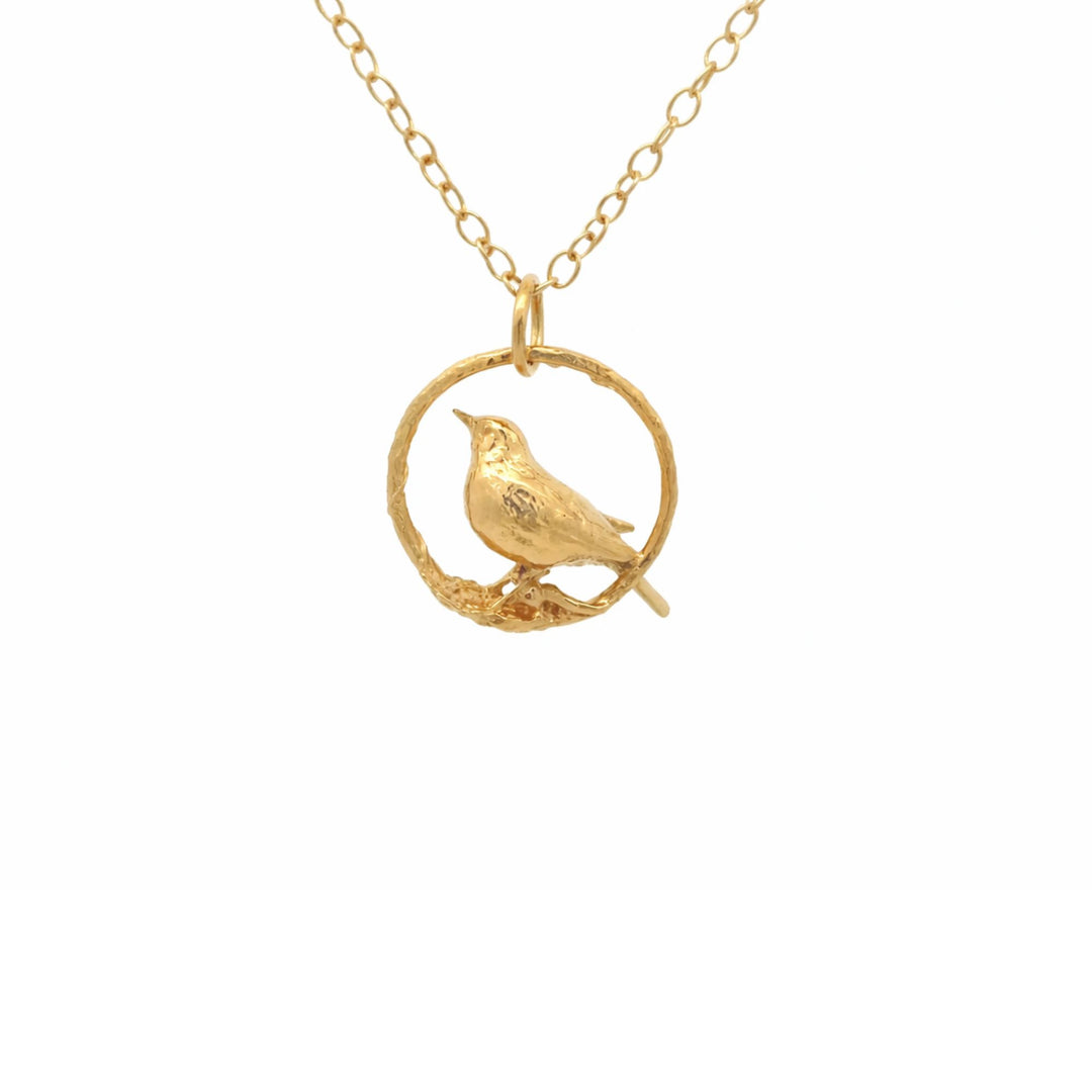 Blackbird Jewellery handmade 18ct gold vermeil blackbird necklace featuring bird perched in textured hoop on white background