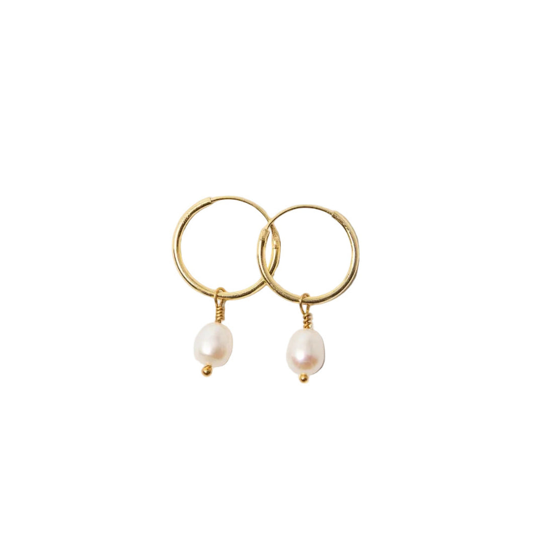 Blackbird Jewellery 18ct Gold Vermeil Pearl Drop Hoop Earrings with lustrous white pearls.