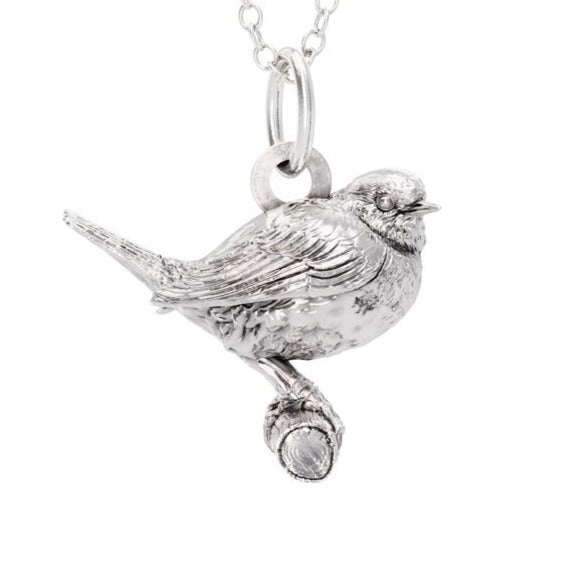 Blackbird Jewellery Sterling Silver Robin bird pendant necklace on a white background close up