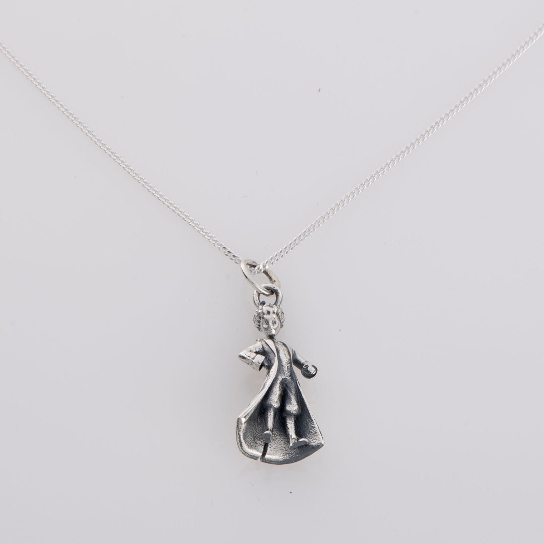 Blackbird Jewellery sterling silver Little Prince necklace featuring a miniature figure of Le Petit Prince on a fine silver chain
