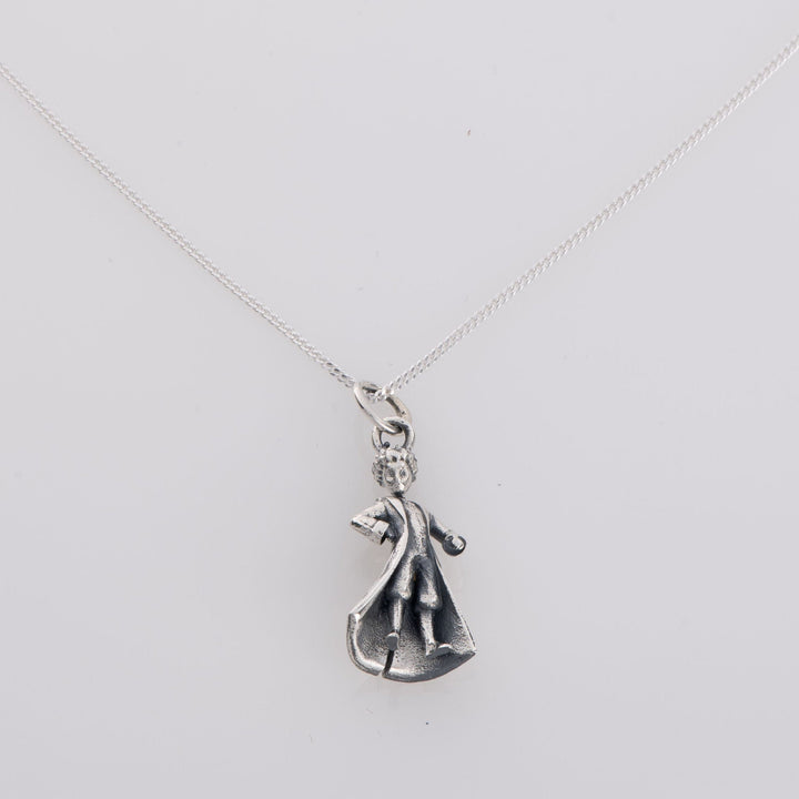 Blackbird Jewellery sterling silver Little Prince necklace featuring a miniature figure of Le Petit Prince on a fine silver chain