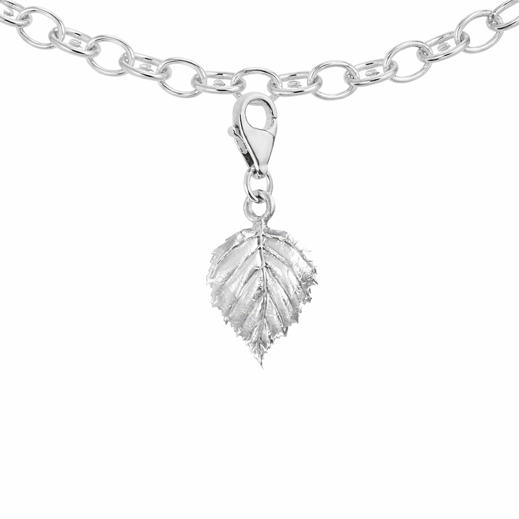 Blackbird Jewellery sterling silver birch leaf clip-on charm with lobster clasp on bracelet, handmade in the UK and inspired by nature