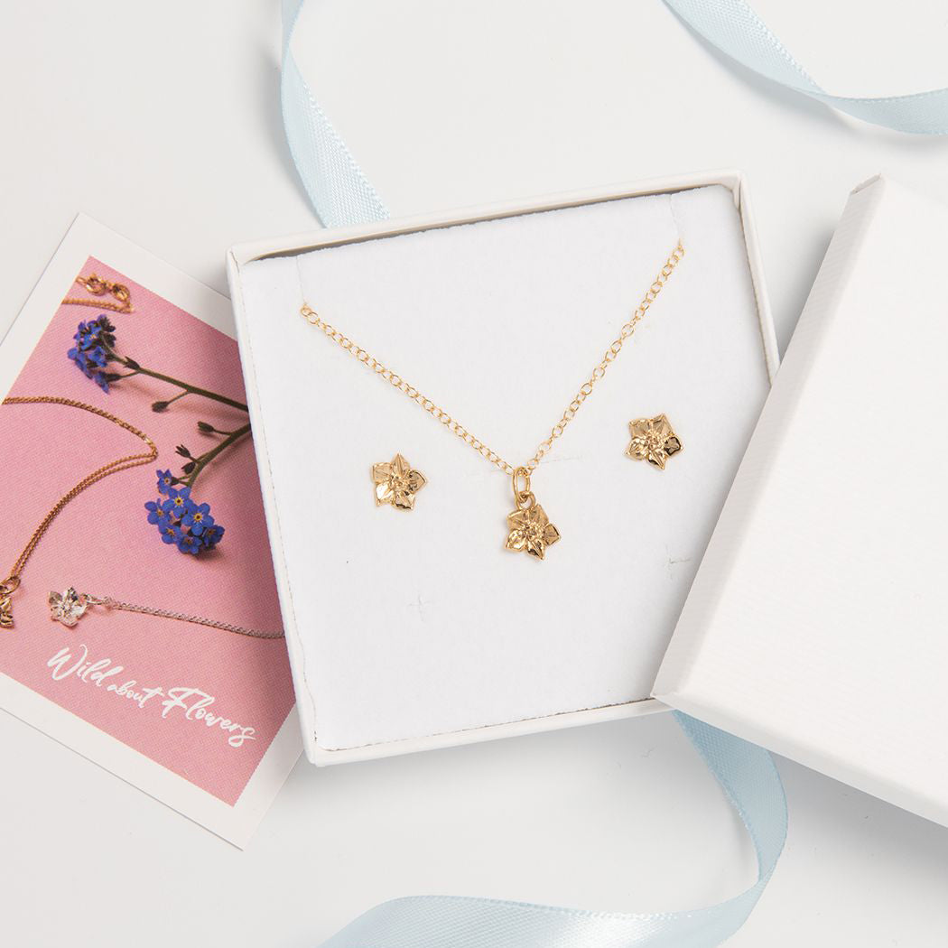 Blackbird Jewellery Gold Vermeil Forget Me Not Necklace & Earrings Gift Set – September Birth Flower Jewellery