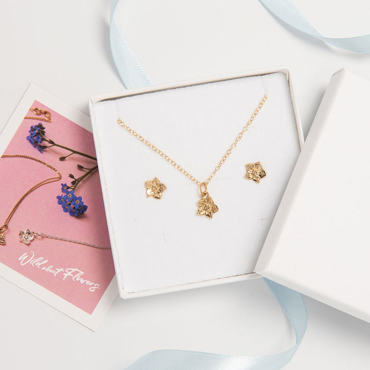 Blackbird Jewellery Gold Vermeil Forget Me Not Necklace & Earrings Gift Set – September Birth Flower Jewellery