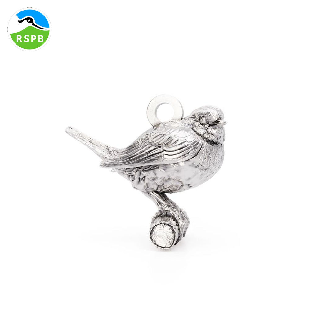 Blackbird Jewellery Sterling silver robin charm on white background with RSPB Logo – handmade Christmas Robin Gift