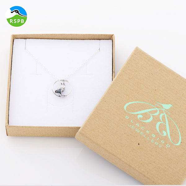 Blackbird Jewellery Sterling silver swallow bird necklace presented in recyclable Blackbird Jewellery gift box with RSPB insert