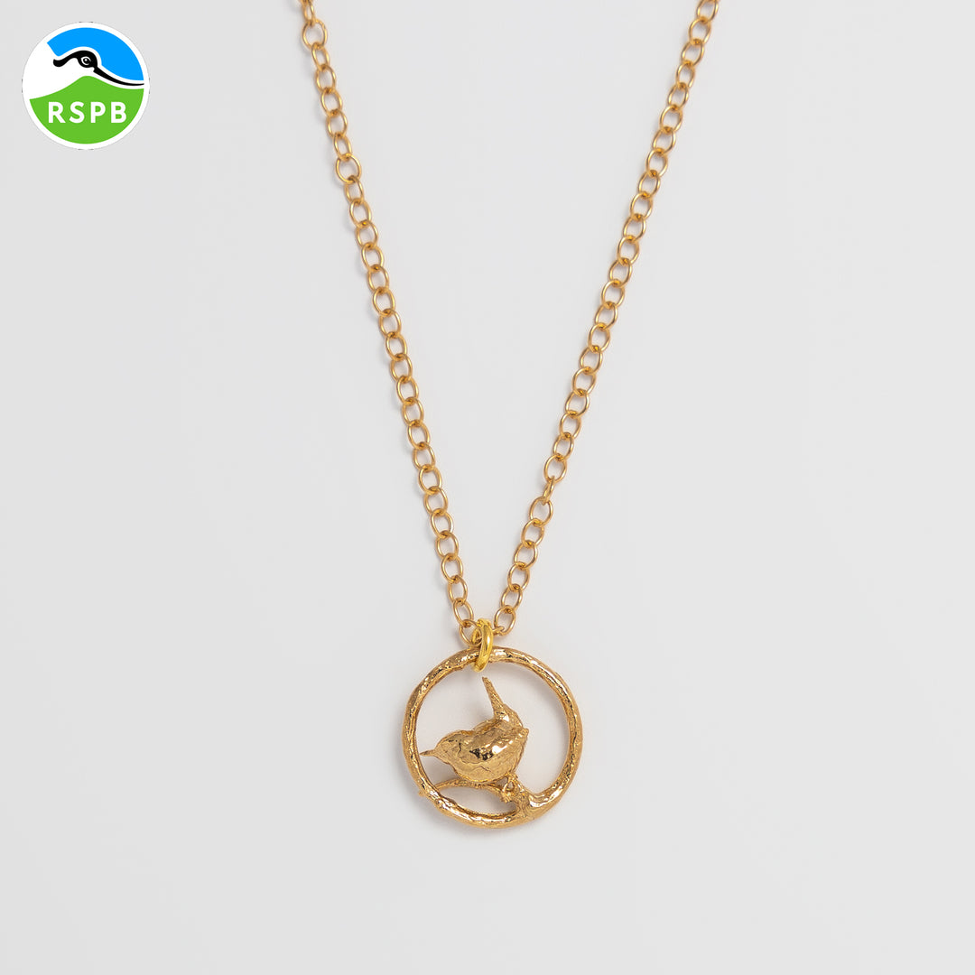 Blackbird Jewellery 18ct Gold Vermeil Wren in a Hoop Necklace – Handmade Bird Jewellery Gift with RSPB donation