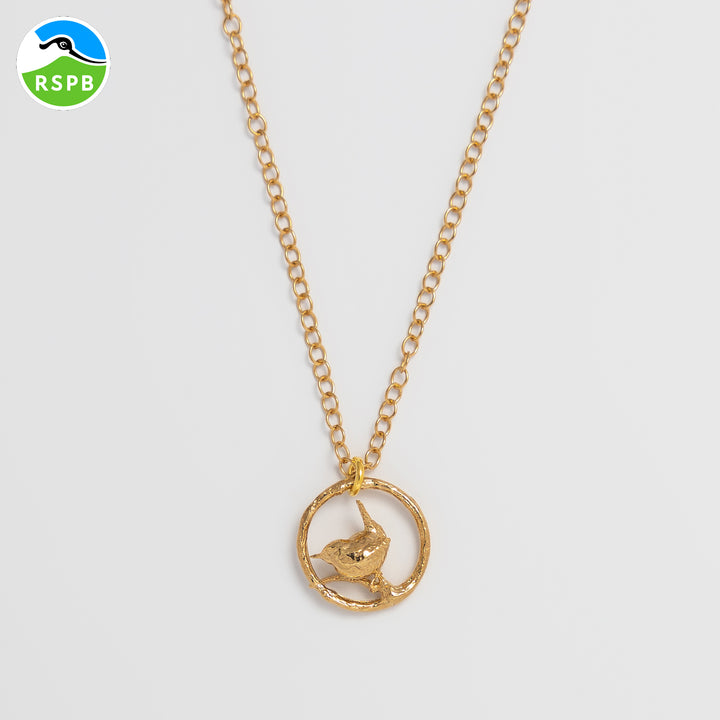 Blackbird Jewellery 18ct Gold Vermeil Wren in a Hoop Necklace – Handmade Bird Jewellery Gift with RSPB donation