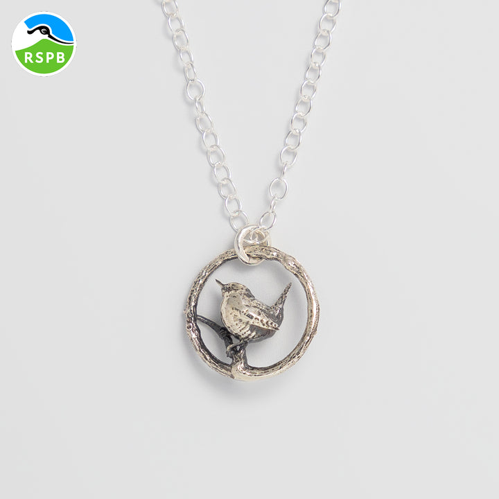 Blackbird Jewellery close up Sterling Silver Wren in Hoop Necklace – Nature-inspired jewellery for bird lovers, RSPB charity gift.