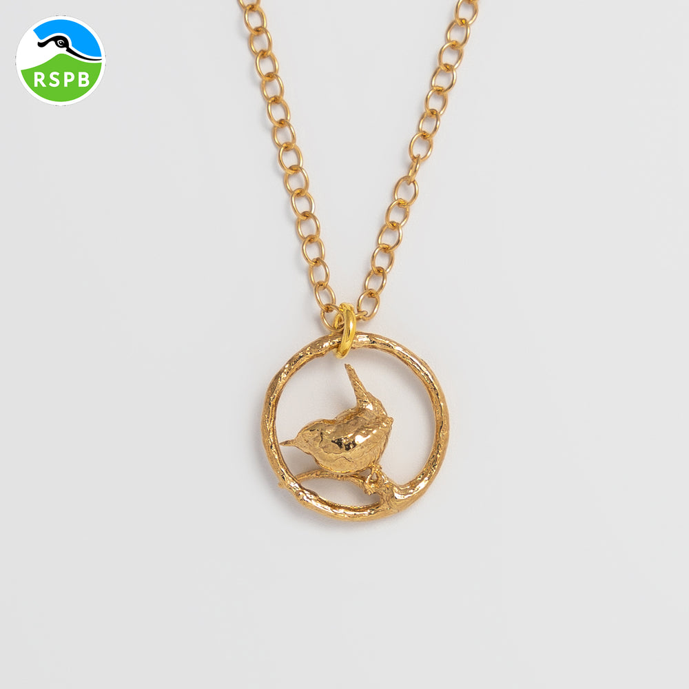 Blackbird Jewellery 18ct Gold Vermeil Wren Necklace – Handmade bird necklace in hoop design, sustainable jewellery gift for nature lovers