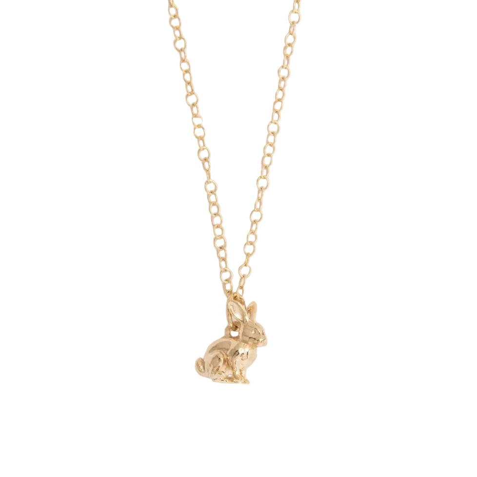 Gold vermeil rabbit necklace with detailed floppy ears – handmade spring jewellery by Blackbird Jewellery