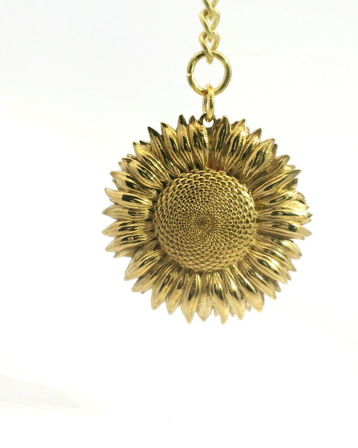 Brass sunflower bag charm with clip clasp – handmade golden flower accessory