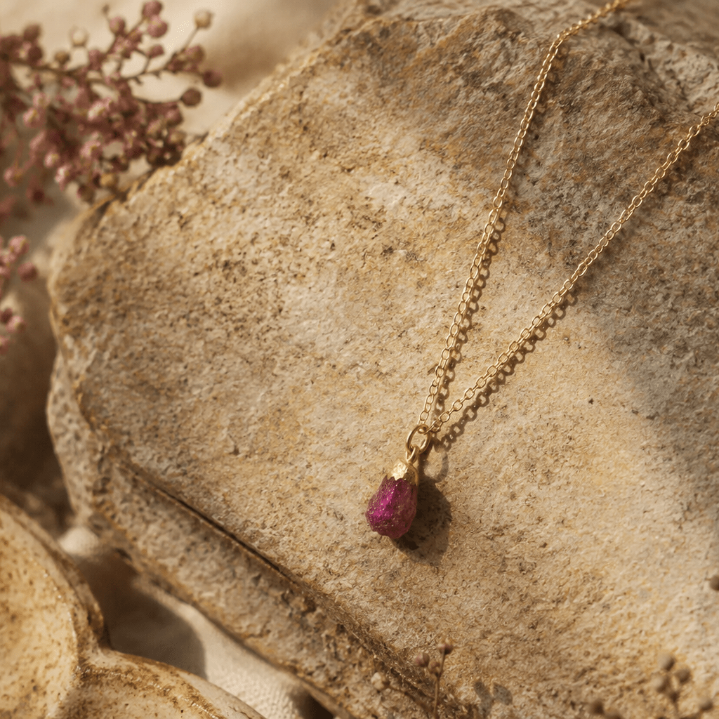 Gold Vermeil Ruby Raw Crystal Necklace by Blackbird Jewellery | Handmade jewellery