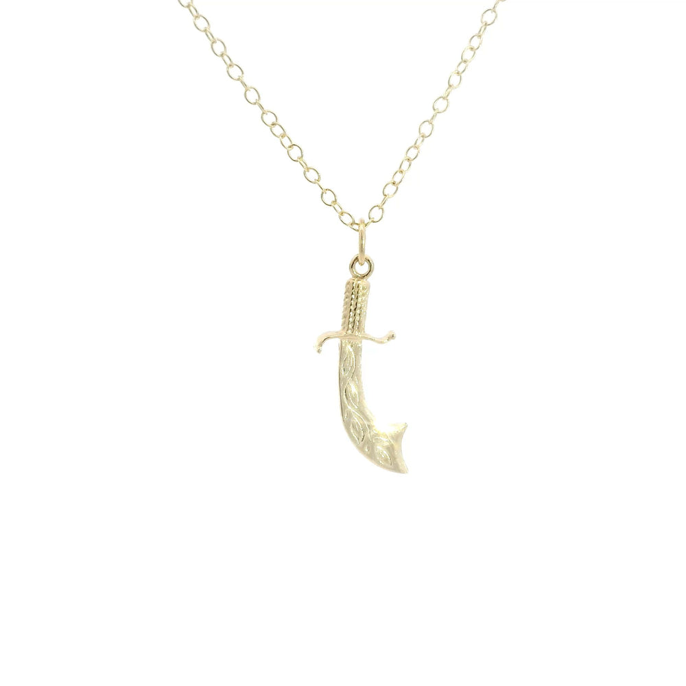 Gold-plated cutlass sword necklace, a perfect gift for adventurers and lovers of unique handmade jewellery.