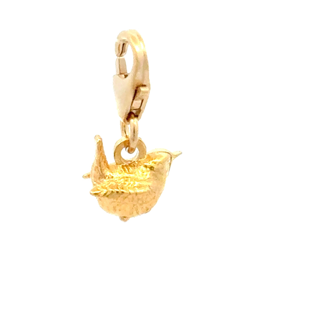 Blackbird Jewellery gold vermeil wren clip-on charm shown from an angle