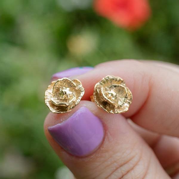 Blackbird Jewellery 18ct gold vermeil poppy stud earrings, handmade remembrance jewellery inspired by nature