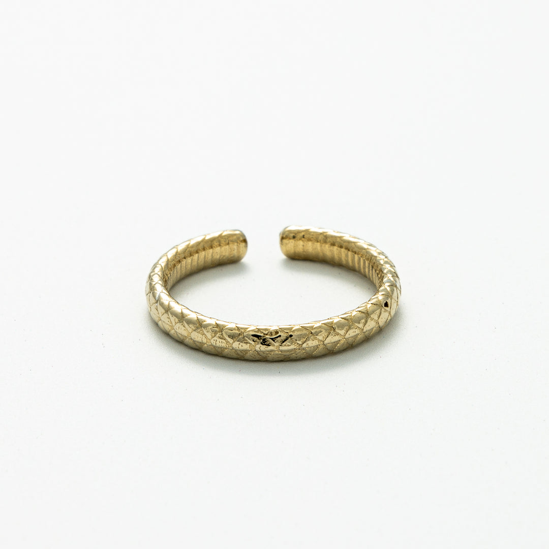 Blackbird Jewellery Adjustable Snakeskin Band Ring in recycled sterling silver with 18ct Gold Vermeil finish, featuring an engraved snakeskin texture on a white background