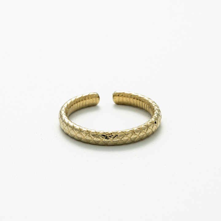 Blackbird Jewellery Adjustable Snakeskin Band Ring in recycled sterling silver with 18ct Gold Vermeil finish, featuring an engraved snakeskin texture on a white background