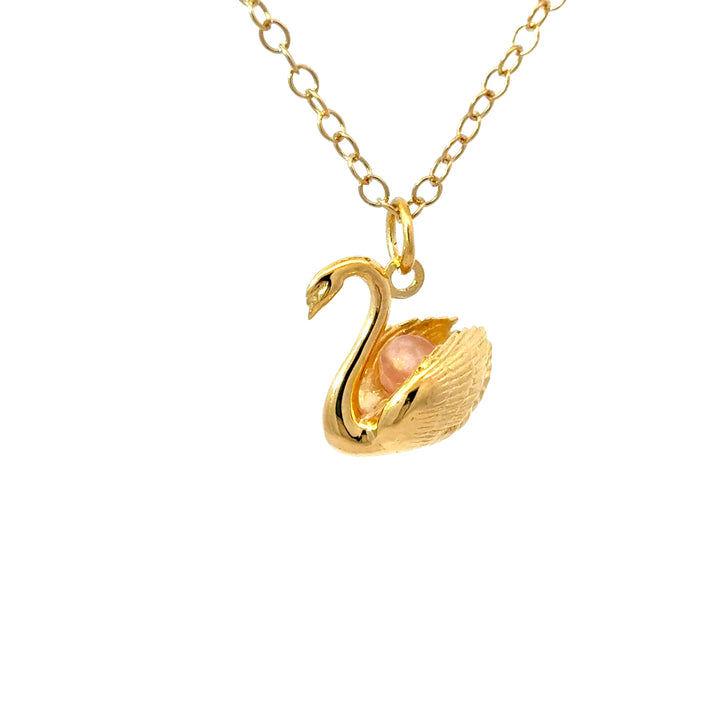Blackbird Jewellery 18ct Gold Vermeil Swan Pink Quartz Necklace handmade in the UK on an 18 inch gold chain
