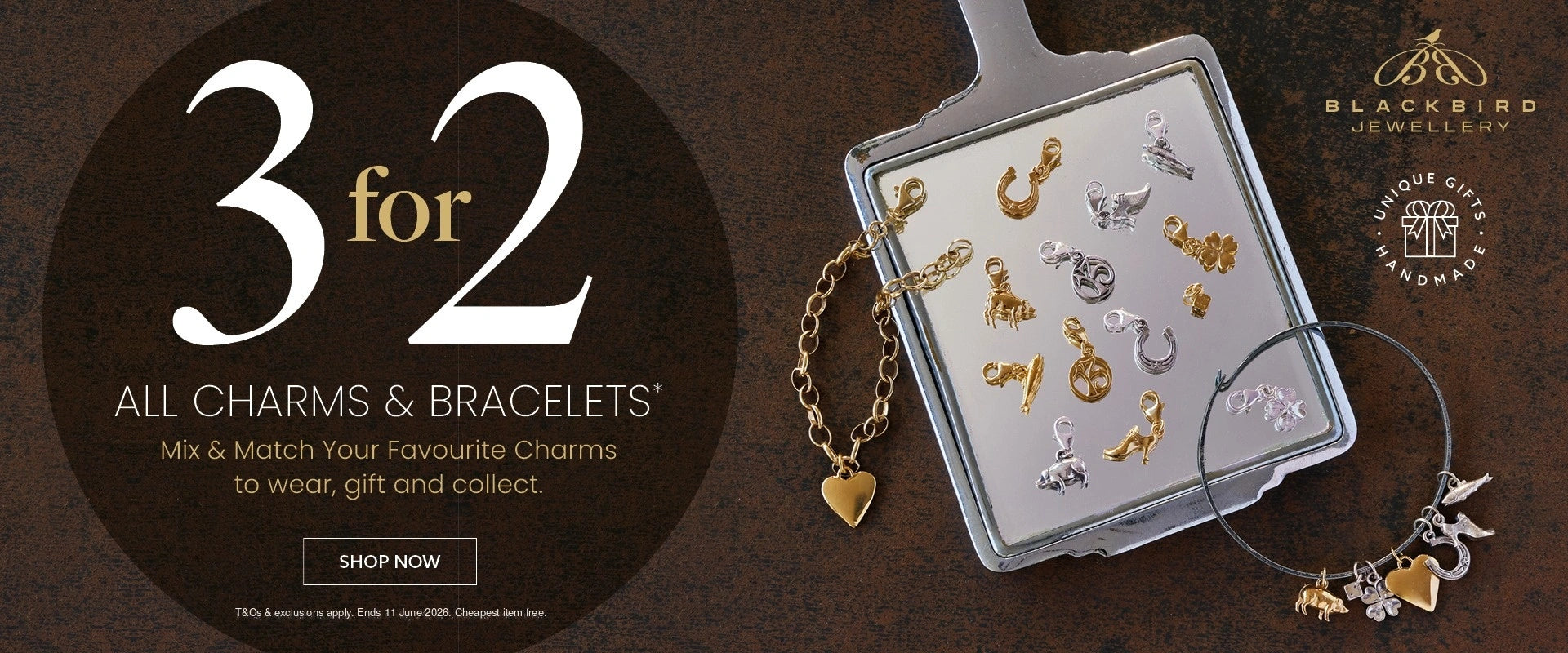 Blackbird Jewellery 3 for 2 offer on selected charms and bracelets, featuring sterling silver and gold vermeil clip-on charms.