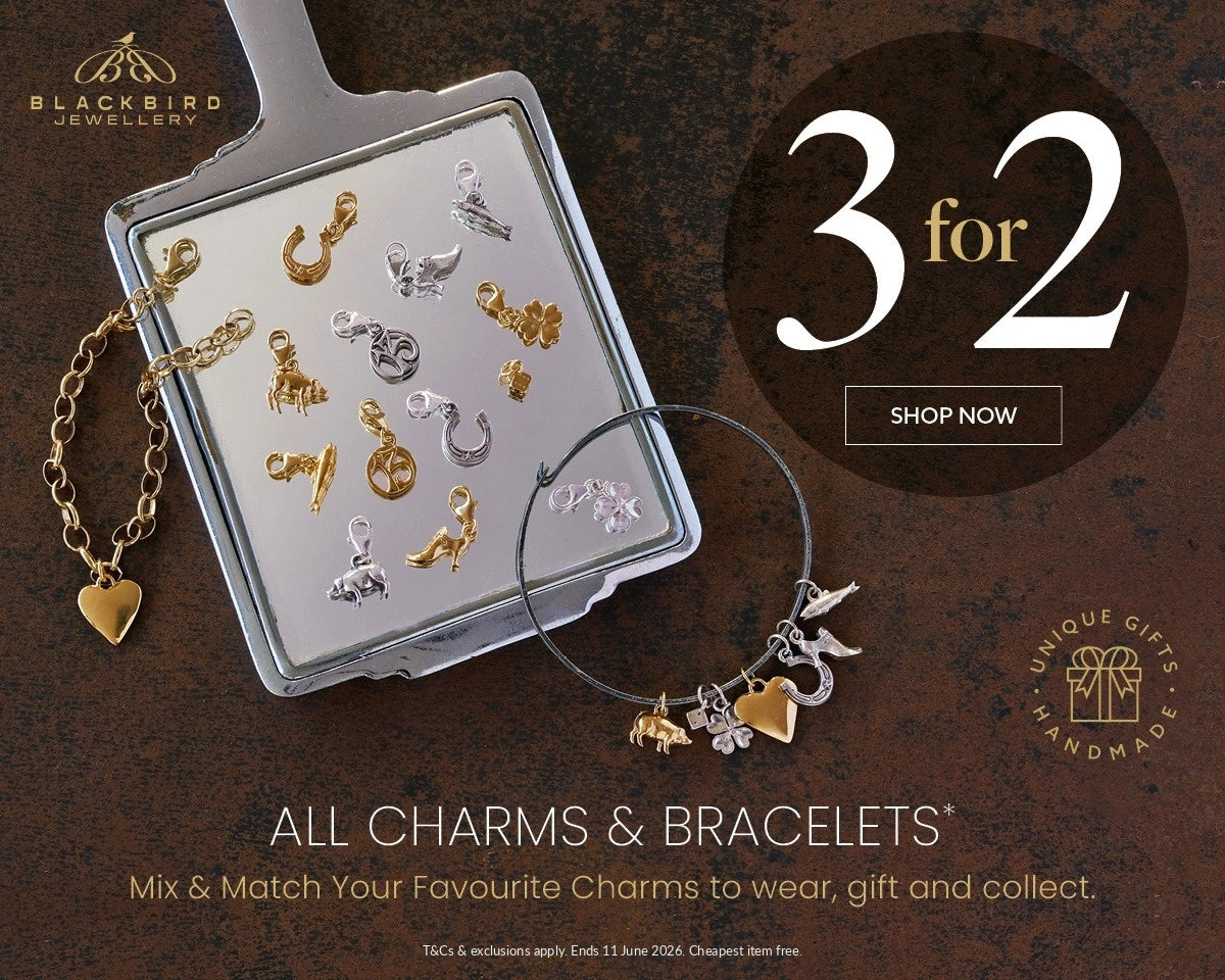Mobile banner for Blackbird Jewellery 3 for 2 charms and bracelets promotion with handmade silver and gold vermeil charms.