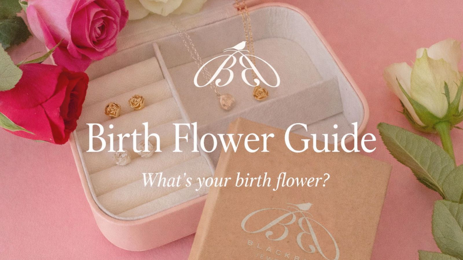 Birth Flower Guide banner by Blackbird Jewellery with rose jewellery displayed in a blush pink gift setting