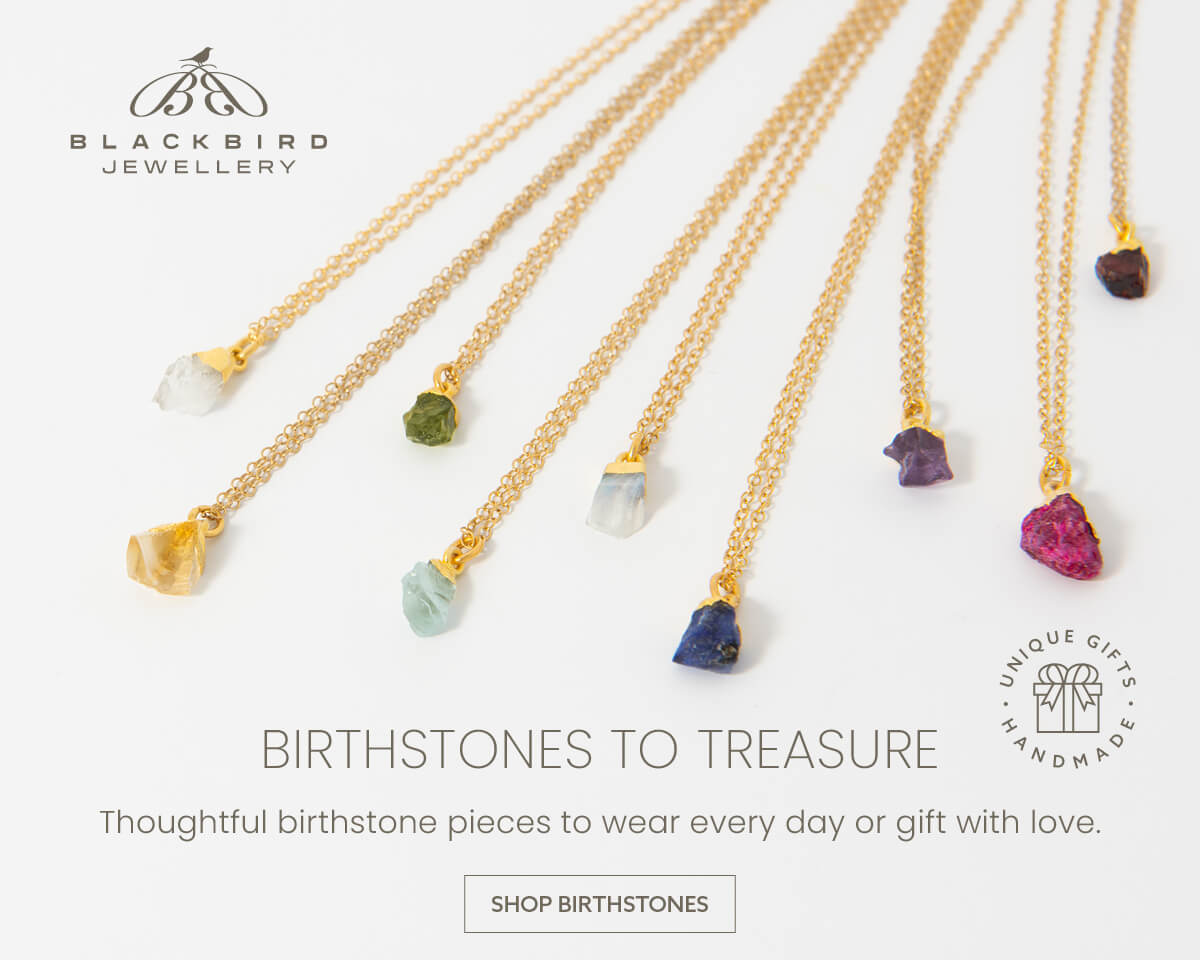 Blackbird Jewellery birthstones mobile banner featuring gold birthstone necklaces and crystal pendants