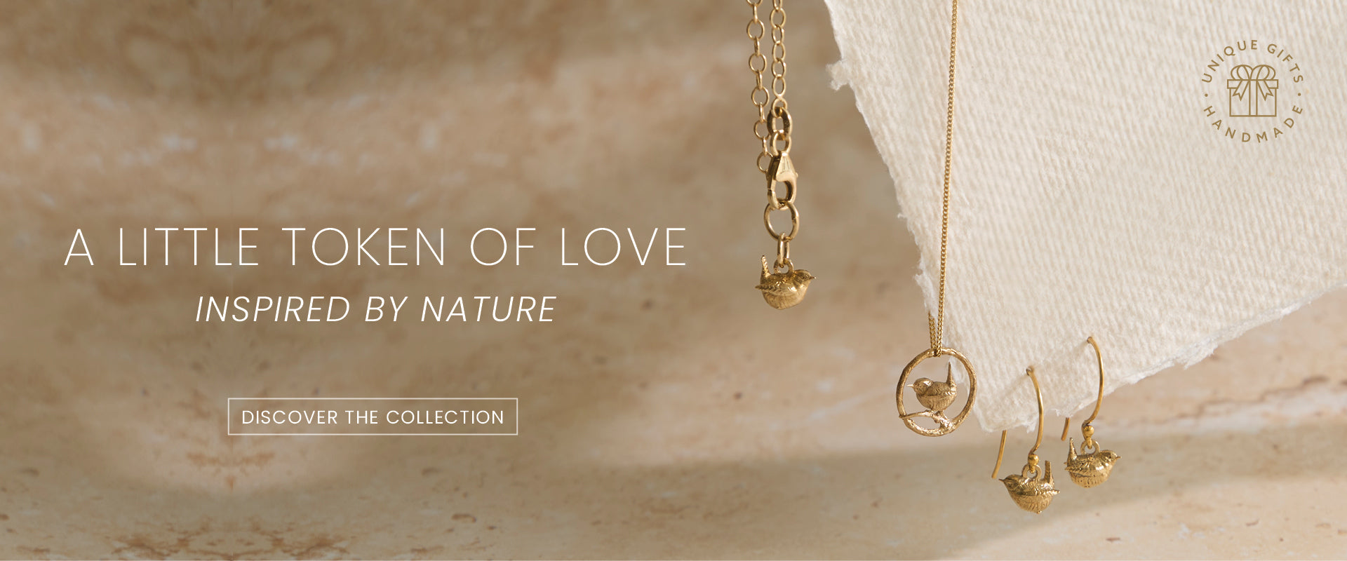 Blackbird Jewellery gold bird necklace and earrings desktop banner featuring handmade nature inspired jewellery