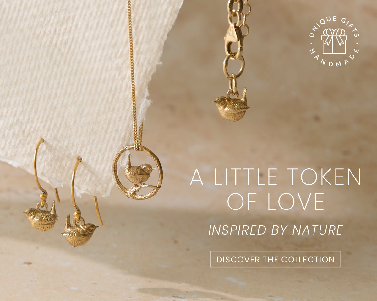 Blackbird Jewellery gold bird necklace and earrings mobile banner featuring handmade nature inspired jewellery