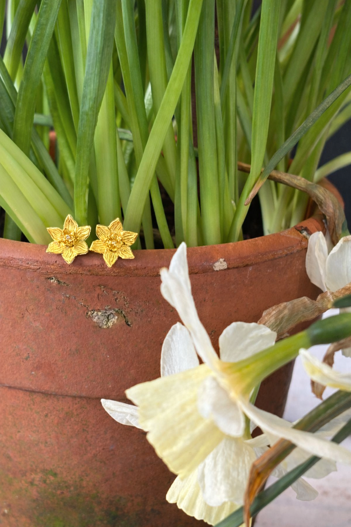 Blackbird Jewellery gold daffodil flower stud earrings detail.