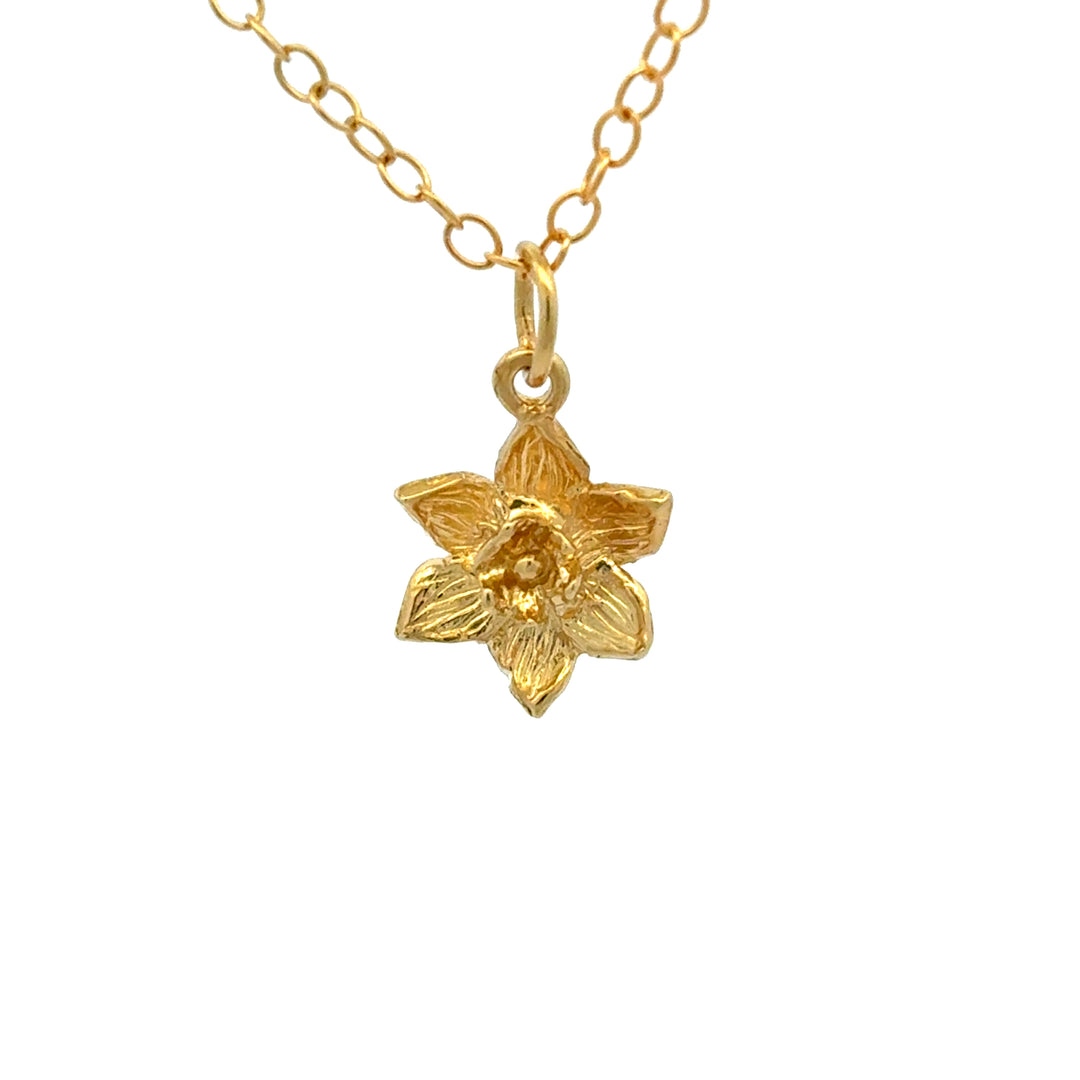 18ct gold vermeil daffodil bloom necklace inspired by the March birth flower and national flower of Wales.