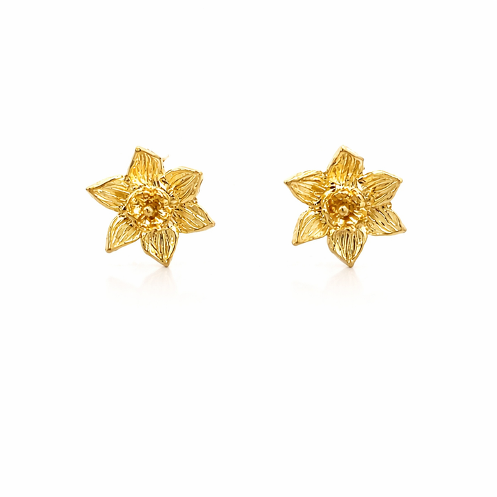 Blackbird Jewellery 18ct gold vermeil daffodil stud earrings inspired by the March birth flower.