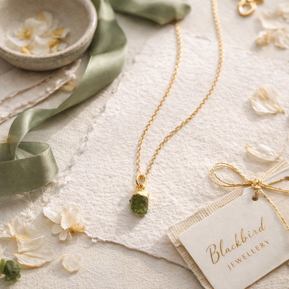 Gold vermeil raw peridot crystal necklace styled in an elegant flat lay with soft green ribbon, ceramic dish and gift tag for Blackbird Jewellery