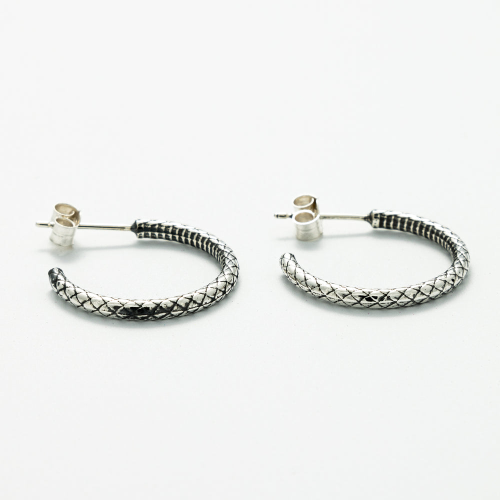 Close-up of Blackbird Jewellery Sterling Silver Snakeskin Hoop Earrings with textured detail – Handmade in the UK