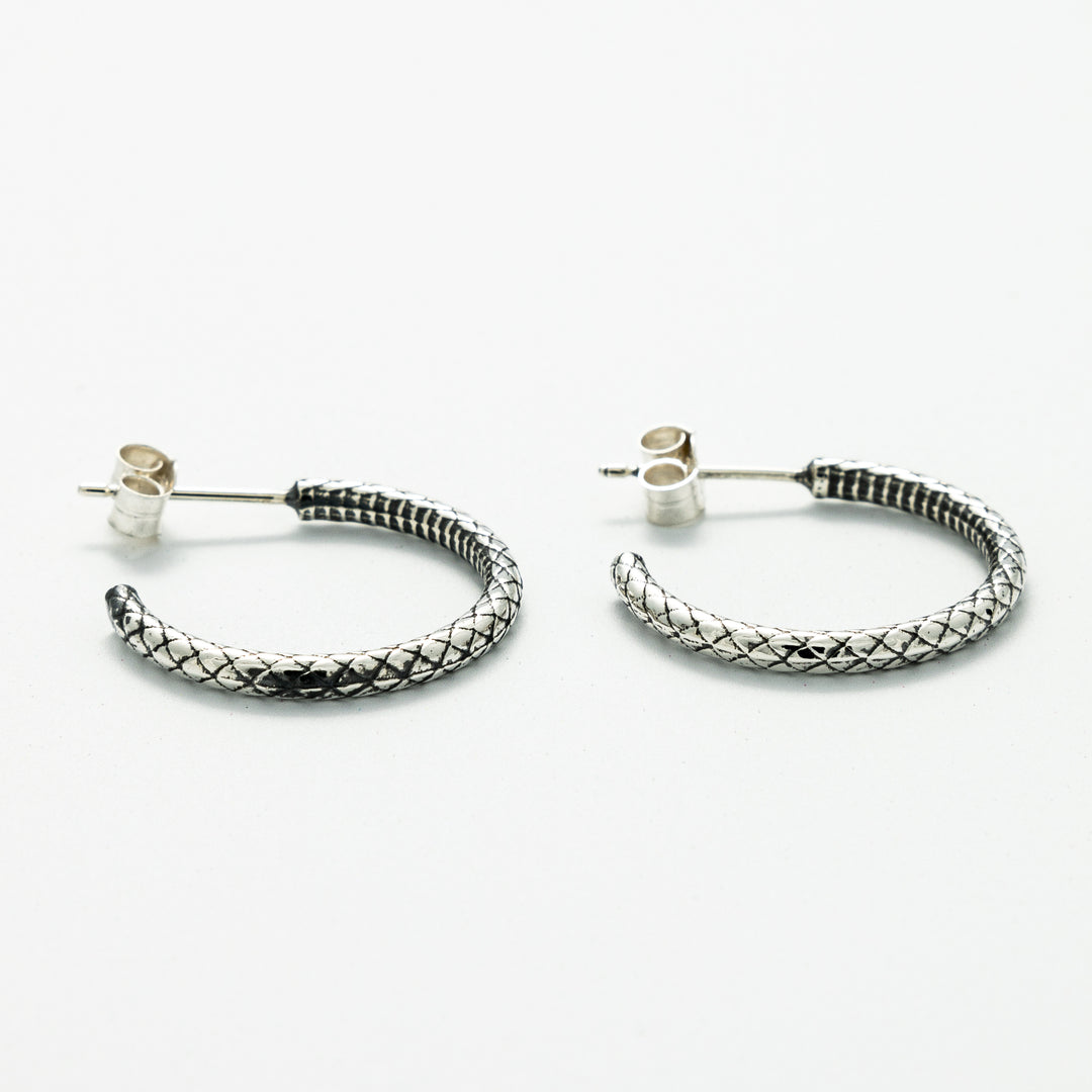 Close-up of Blackbird Jewellery Sterling Silver Snakeskin Hoop Earrings with textured detail – Handmade in the UK