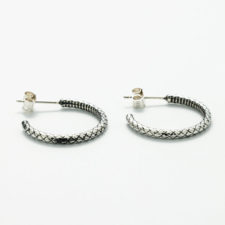 Close-up of Blackbird Jewellery Sterling Silver Snakeskin Hoop Earrings with textured detail – Handmade in the UK